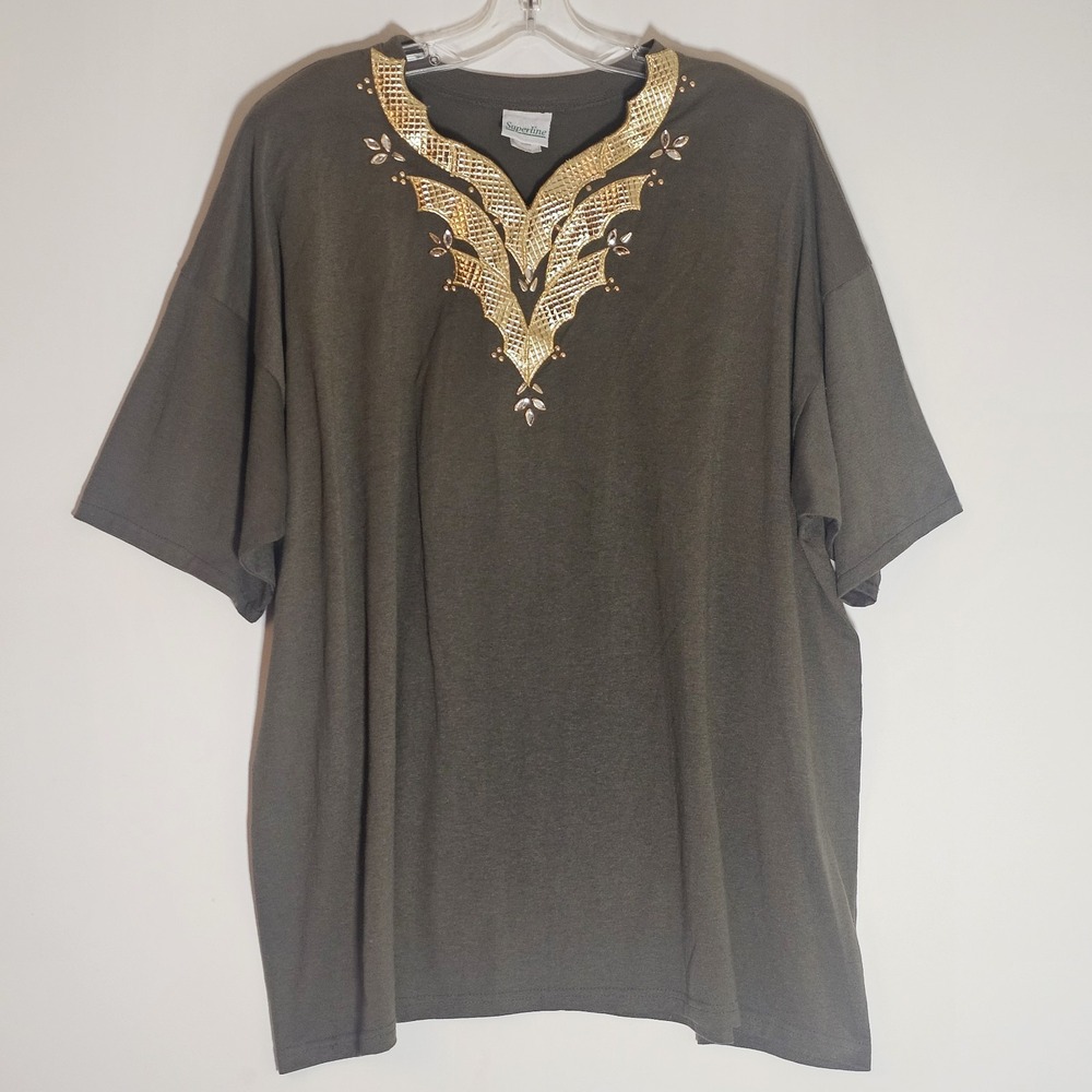 Vintage Superline Shirt Plus Size OS Green V Neck Shoulder Pads Embellish Bling